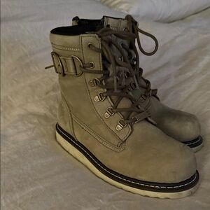 Beige Lace-Up Boots with Buckle